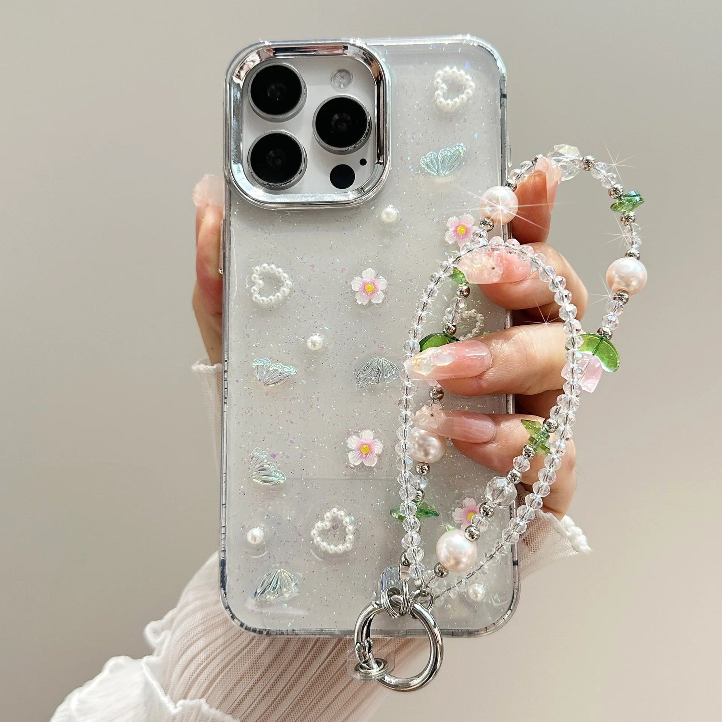 For 16 Mobile Phone Chain Dazzle Tulip Butterfly Double Chain Crystal 15 Mobile Phone Case Chain Lanyard Gradient Niche Fashion