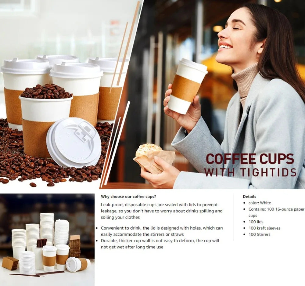 50pcs 16oz Disposable Coffee Cup Set Thickened Odorless Coffee Paper Mug Insulate Cup Sleeve with Lid Package Espresso Coffeewar