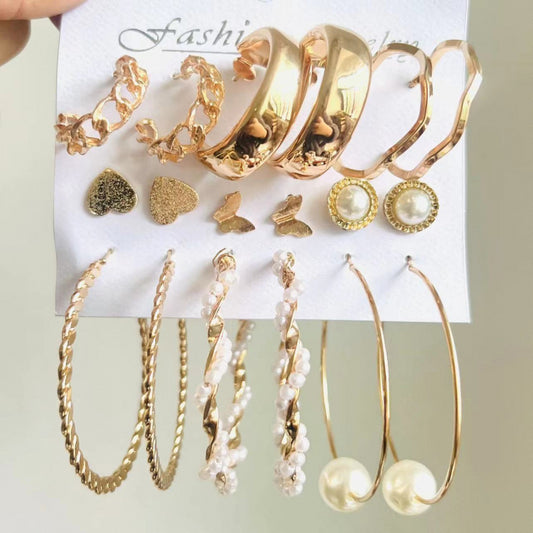 Exaggerated Faux Pearl Earrings 9-Piece Set Vintage Alloy Geometric Hoop Earrings Set Jewelry