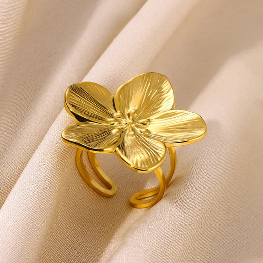Elegant Stainless Steel Big Bloom Flower Rings For Women Gold Color New Style Open Rings Finger Jewelry Wedding Her Gift Punk