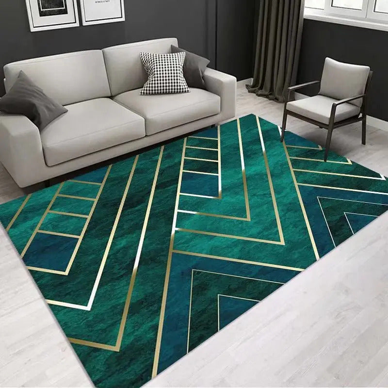 Luxury Modern Geometric Living Room Carpets Home Decoration Golden Green Rugs for Bedroom Washable Fluffy Large Area Mat Bedside
