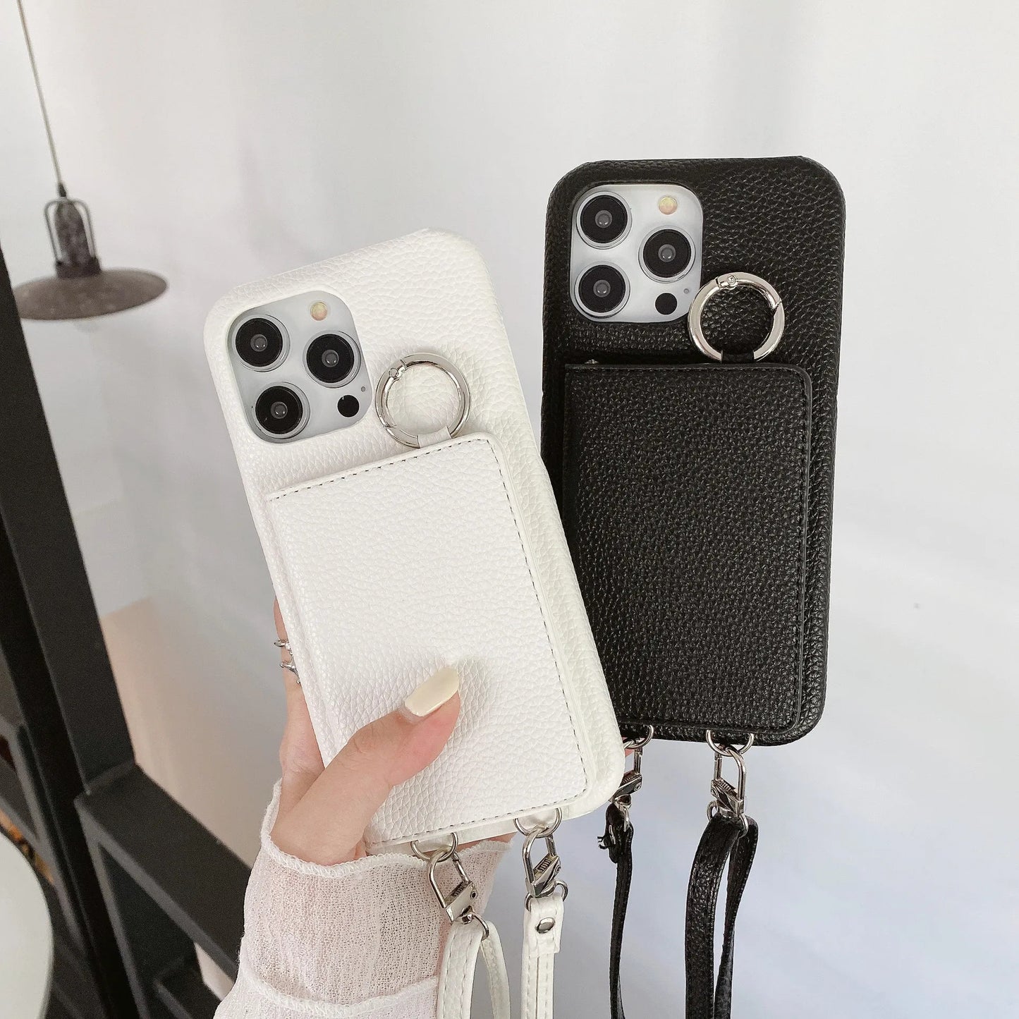 Ring Holder Mirror Card Slot Case For iPhone 13 12 Mini 16E 16 15 14 11 Pro XS Max 8 Plus Crossbody Wallet Lanyard Leather Cover