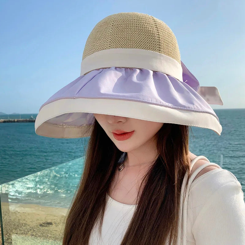 Women Bucket Hats Summer Sun Hat Large Brim Neck Protection Sunshade Hats with Bow Fisherman Caps for Ladies