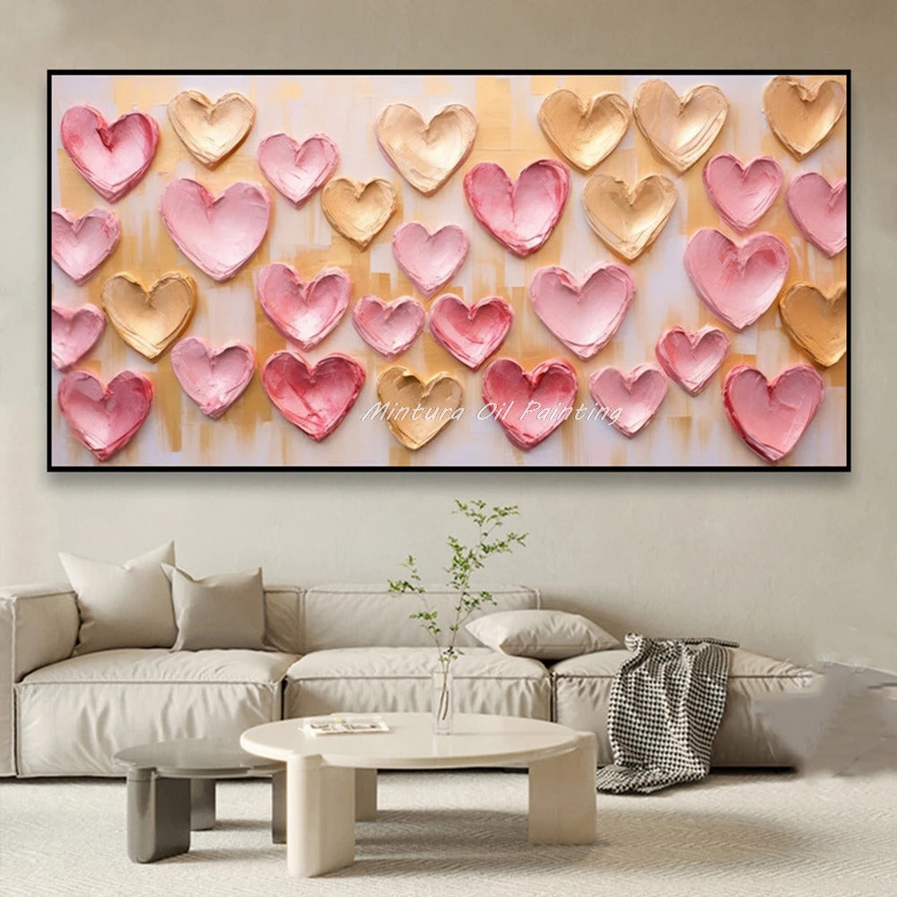 Mintura,100% Handmade Knife Graffiti Pink Red Heart Oil Painting on Canvas,Modern Abstract Wall Art Picture,Room Home Decoration