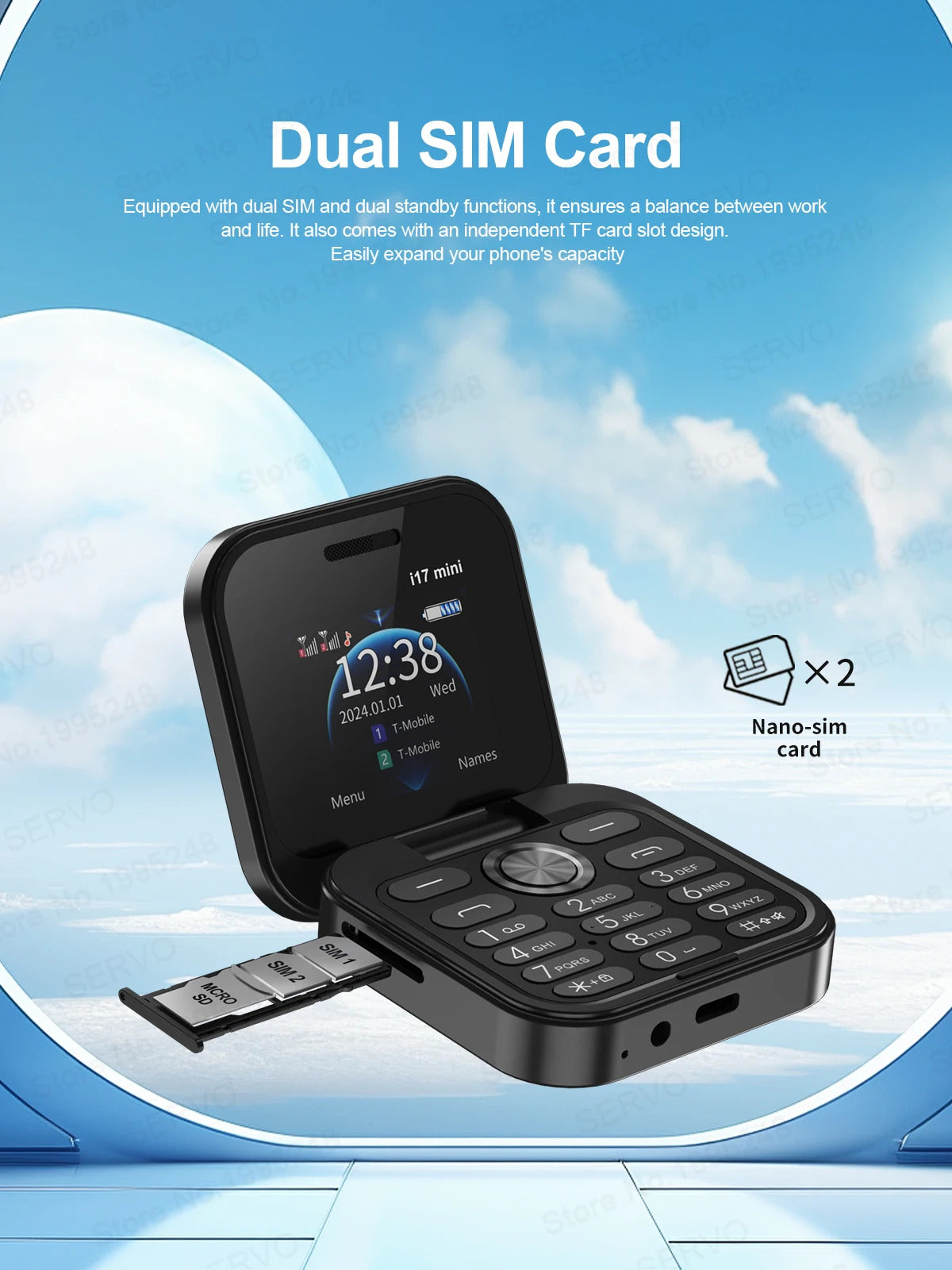 SERVO i17 Mini Dual SIM Card Fold Mobile Phone 2G Network Video Player Flashlight FM Radio Magic Voice Small Box Flip Cellphones