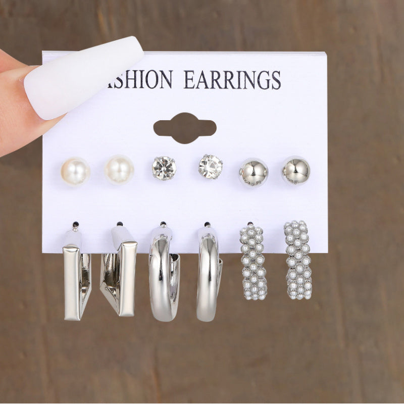 Metal Earrings Square Geometric Earrings Vintage Imitation Pearl Earrings Hepburn Earrings suit 6-piece Set