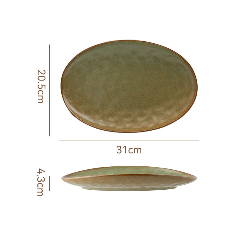 Vintage Coarse Pottery Oval Ceramic Long Plate Restaurant Home Large Capacity Personalized Fish Plate Sushi Pastry Dessert Display Plate