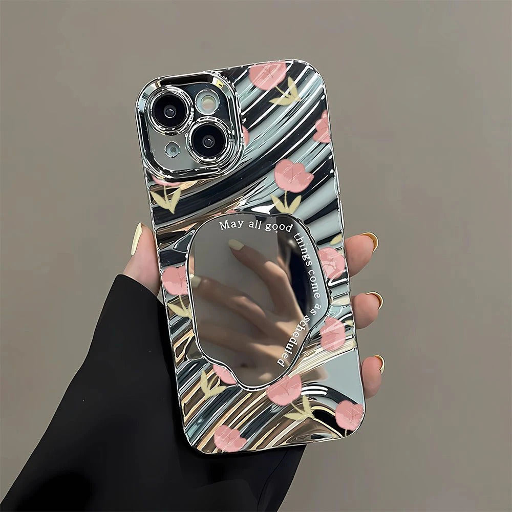 Pink Tulip Flower Phone Case For iPhone 11 Case iPhone 16 13 12 14 15 Pro Max Plating Make Up Mirror Wavy Soft Shockproof Cover