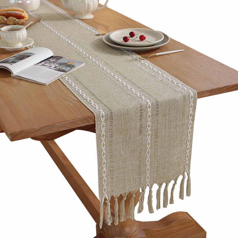 Cross-Border Trade Supply American Style Table Runner Cotton Linen Tablecloth Handmade Tassel Coffee Table Mat Home Long Table Decoration Cloth
