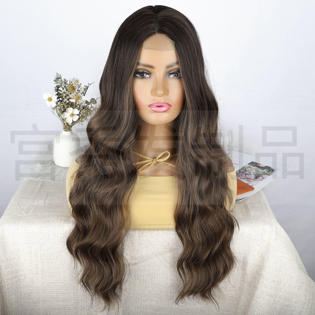 Lace Front Wig for Women, Middle Part, Small Lace, Highlighted Long Curly Synthetic Wig, Export Wigs
