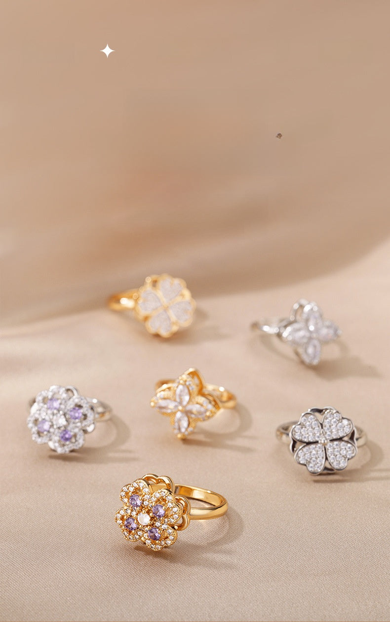 New Rotatable Zircon Flower Open Ring for Women, Unique Design Stress Relief Ring Wholesale