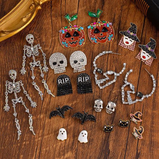 Halloween Quirky Accessories Crystal Inlaid Skull Earrings Oil Drop Witch Earrings Pumpkin Head Bat Earrings