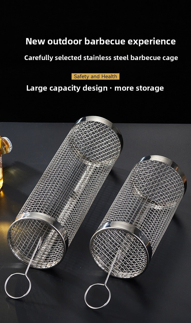 Stainless Steel BBQ Grill Net Tube Outdoor BBQ Cage Rolling BBQ Tube Cylindrical BBQ Net Meat Roasting Cylinder