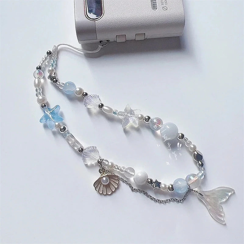 Dreamy Mermaid Sea Shell Phone Chain Lanyard Charm Strap Wrist Bead Cord Bracelet Keychain For iPhone Girl Hanging Rope Jewelry