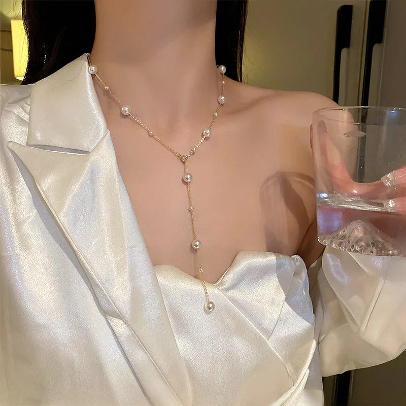 New Simple Long Imitation Pearls Back Necklace for Women Sexy Tassel Pearl Harness Bikini Chest Chain Body Jewelry Mujer