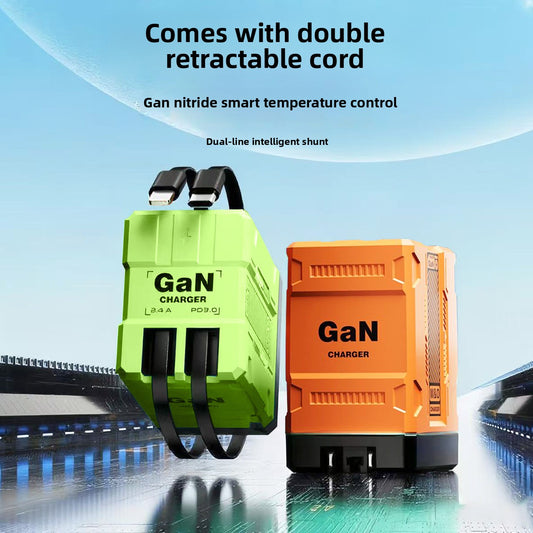 Mecha Style Fully Compatible GaN Fast Charger Compatible with Apple and Android Fast Charging Dual Retractable Cable Charger