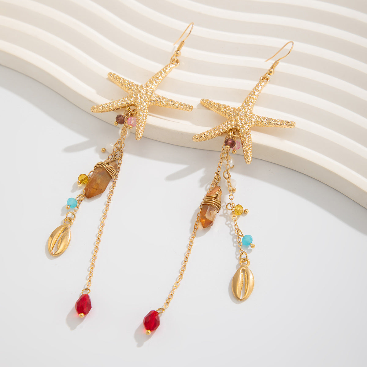 Vacation Beach Starfish Jellyfish Alloy Earrings Fashion High Sense Crystal Tassel Earrings