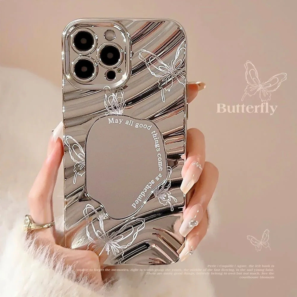Pink Tulip Flower Phone Case For iPhone 11 Case iPhone 16 13 12 14 15 Pro Max Plating Make Up Mirror Wavy Soft Shockproof Cover