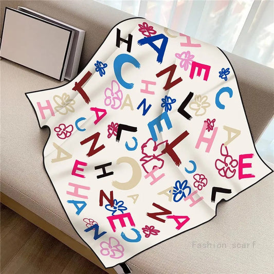 French Style New Black and White Letter Color Matching Women's Shawl Large Square Scarf Twill Silk Headscarf Scarf Wholesale