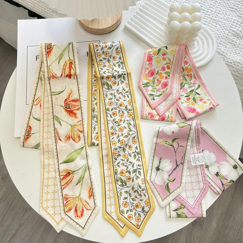 High-Grade Flower Print Long Silk Scarf Hair Band Ribbon Tied-up Hair Long Bow Vintage Satin Ribbon Hair Accessories For Women