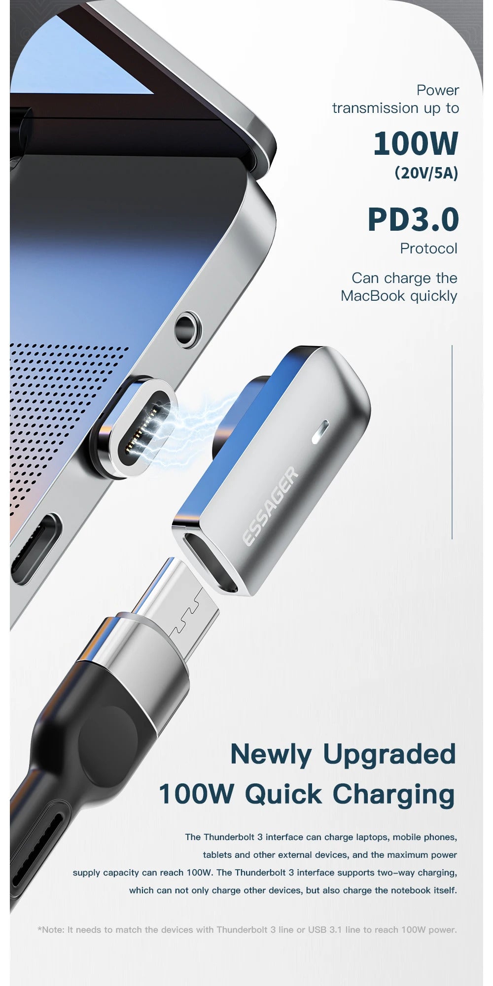 Essager PD 100W Magnetic USB C OTG Adapter Fast Charging Type C Magnet Connector 20Gbp Data Sync 4K@60Hz For Macbook Laptop