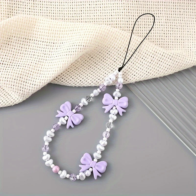 Korean Kawaii Pink Bowknot Beaded Phone Chain Fashion Delicate Keychain For Women Girls Sweet Bag Decoration Accessories Gifts