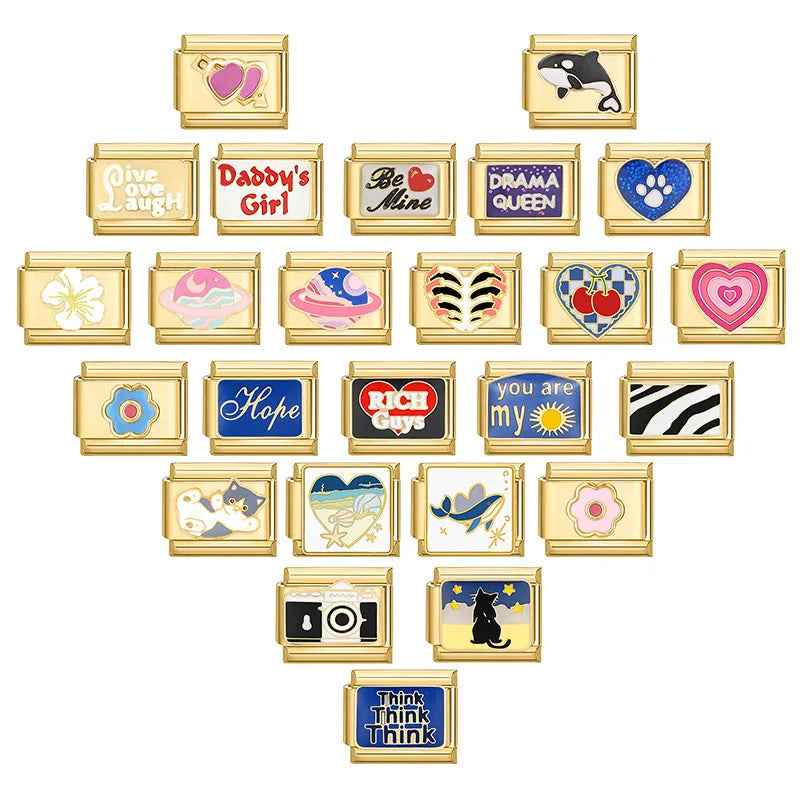 Fashion Pet Heart Flowers Sun Moon Zircon Gold Color Italian Charm Links Stainless Steel Fit 9mm Bracelet Jewelry DIY Making