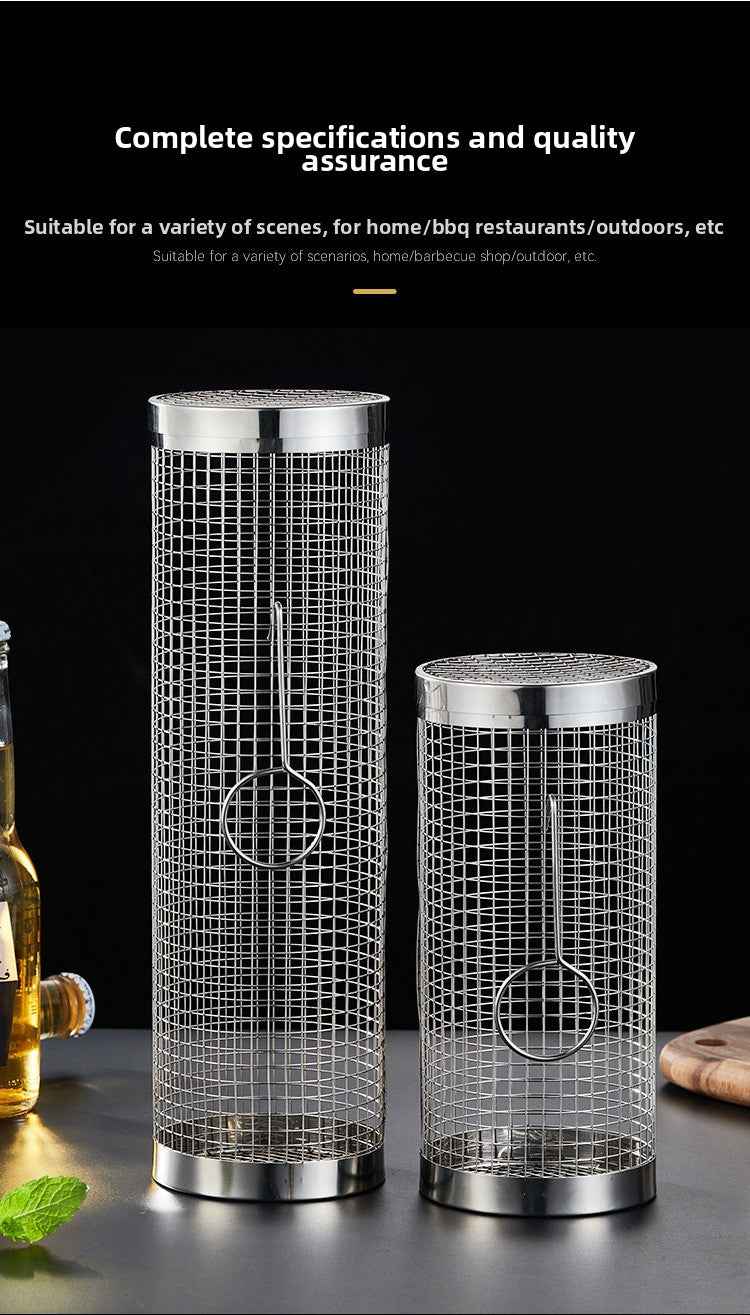 Stainless Steel BBQ Grill Net Tube Outdoor BBQ Cage Rolling BBQ Tube Cylindrical BBQ Net Meat Roasting Cylinder
