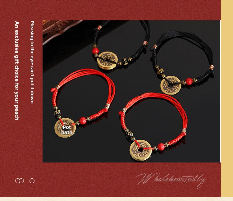 Five Emperor Coins Woven Bracelet Pure Copper Copper Coins Woven Five Emperor Coins Qianlong Copper Coin Bracelet Red String