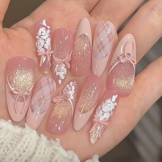 Purely Handmade Wearable Nails Atmosphere Sparkling Cat Eye French Hand-painted Gradient Flower Bedtime Fairy Tale Sweet Girl Nail Art