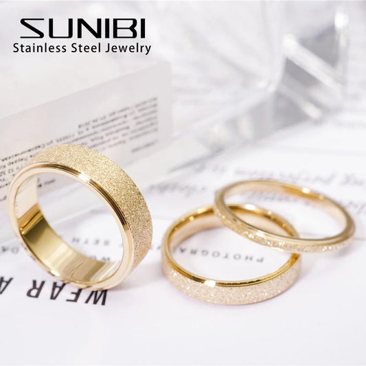 SUNIBI Frosted Stainless Steel Ring for Women Fashion Simple Gold Color Finger Rings Wedding Gifts Girls Jewelry Wholesale