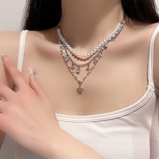 Iterative Five-pointed Star Pendant Pearl Necklace Cold Style Light Luxury Spice Clavicle Chain