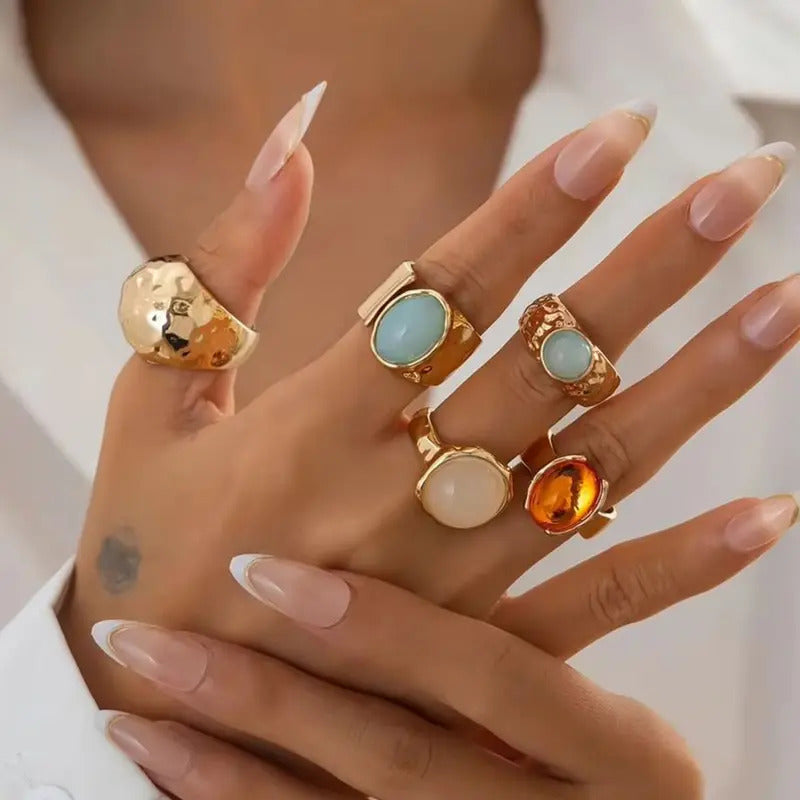 Ingemark 5Pcs/Set Retro Gold Color Irregular Metal Ring for Women Bohemian Open Adjustable Wide Ring Aesthetic Y2K Jewelry Gift