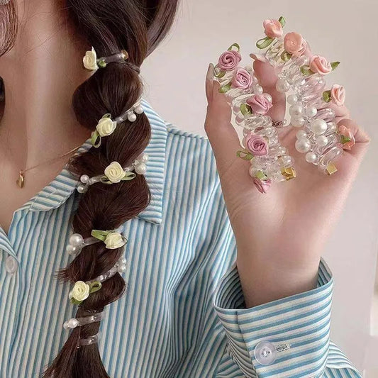 New Rose Flower Telephone Phone Line Hair Rope for Women Girls Elastic Pearl Ponytail Hair Loop Headwear Hair Accessories