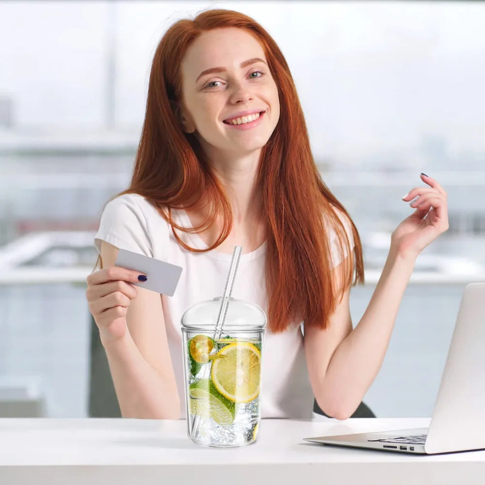 500ml Glass Coffee Cups With Lids Straws,Clear Smoothie Glasses,Round Dome Tumbler,Beer Mug,for Iced Tea Juice,Summer Drinkware