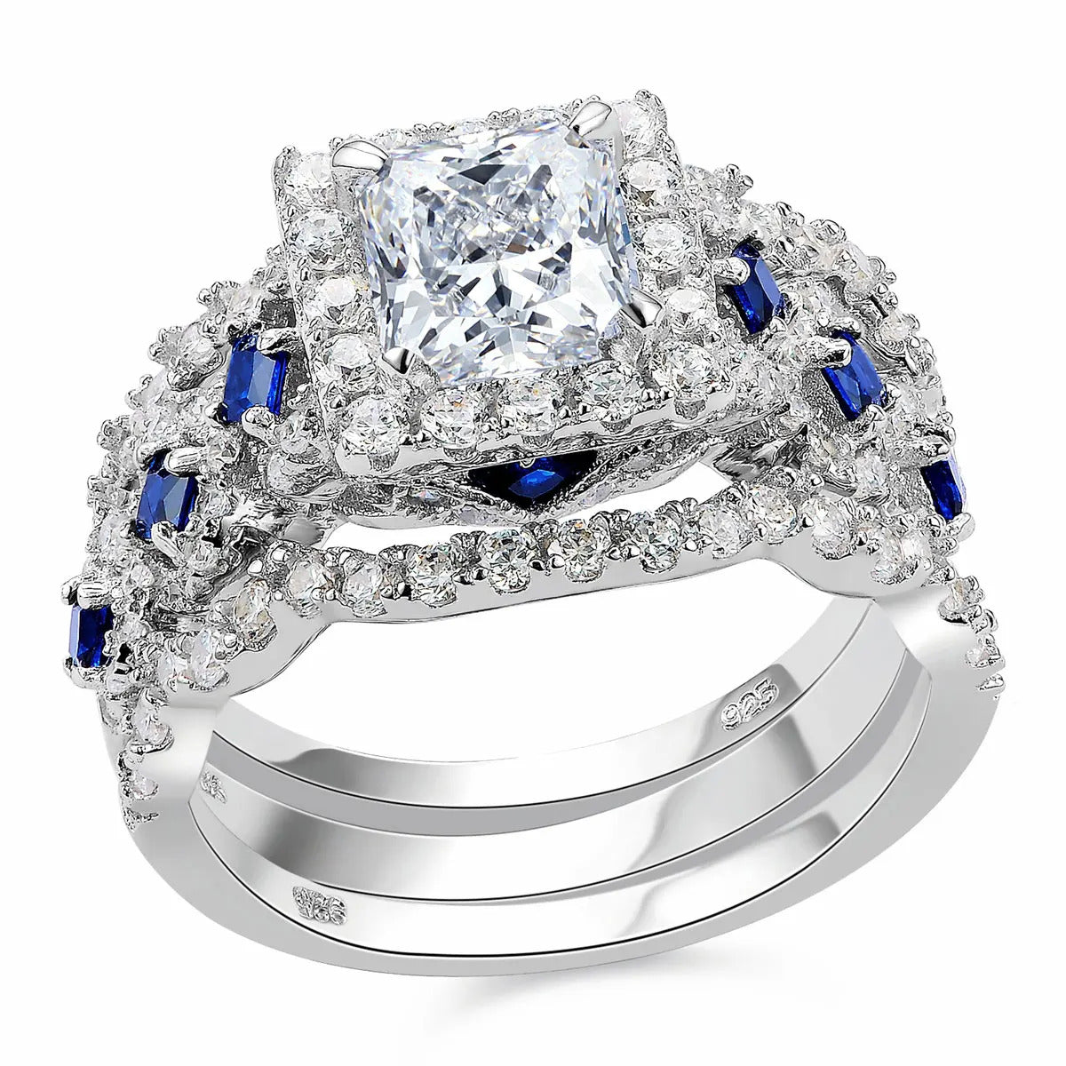 Newshe 3 Pcs Wedding Rings Set for Women 925 Silver 2.6Ct Princess Cut White Blue AAAAA CZ Luxury Bridal Engagement Jewelry