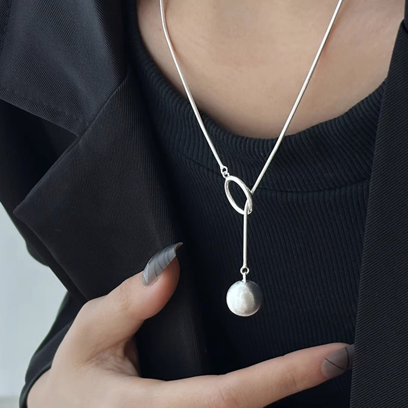 S925 Sterling Silver Brushed Round Ball Long Necklace for Women Elegant High-end Light Luxury Non-fading Sweater Chain