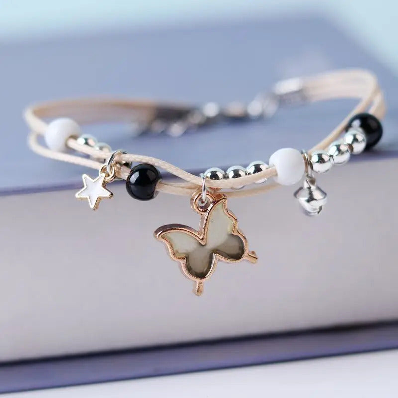Kpop Cute Colorful Butterfly Bracelet for Women Girl Fashion Hand-woven Star Bell Beads Flower Pendant Bracelet Sister's Jewelry
