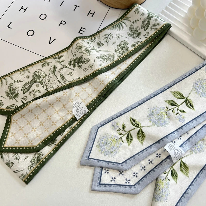 High-Grade Flower Print Long Silk Scarf Hair Band Ribbon Tied-up Hair Long Bow Vintage Satin Ribbon Hair Accessories For Women