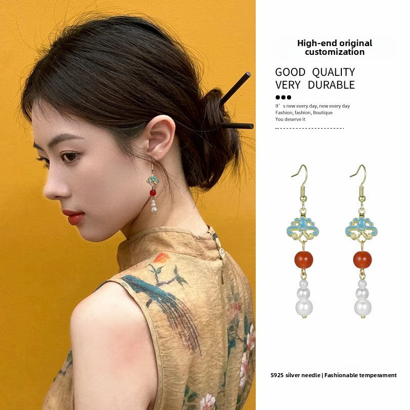 New Chinese Style Pearl Long Earrings Ancient Style Ear Clips Non-Pierced Women Retro Blue Butterfly Earrings Cheongsam Hanfu Ear Accessories