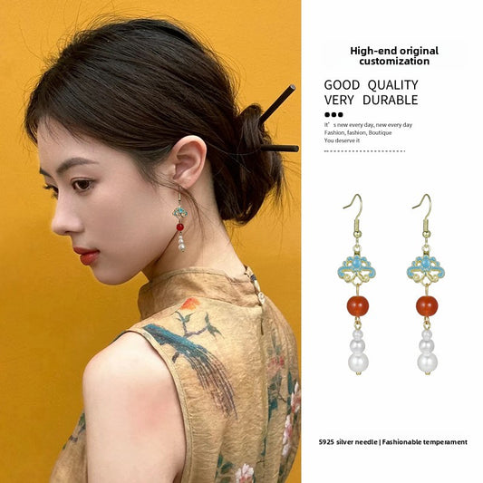 New Chinese Style Pearl Long Earrings Ancient Style Ear Clips Non-Pierced Women Retro Blue Butterfly Earrings Cheongsam Hanfu Ear Accessories
