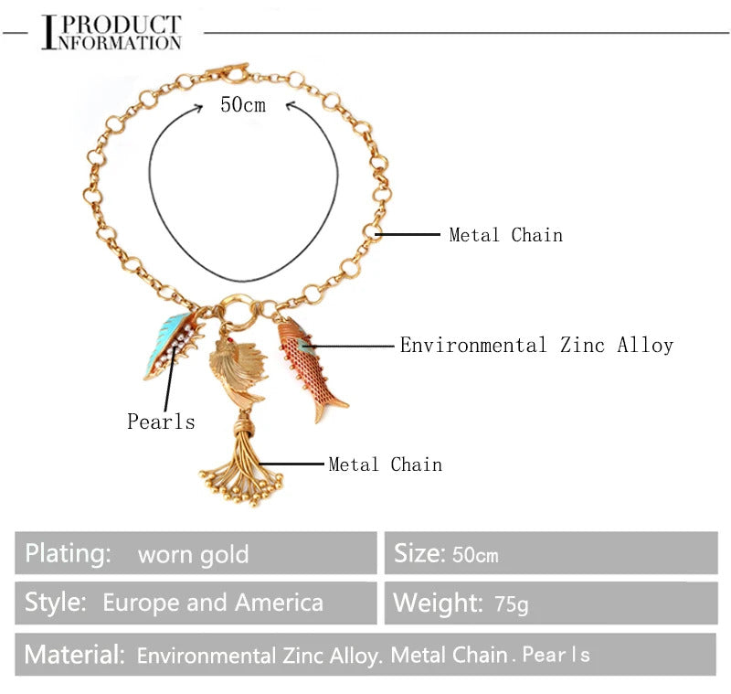 Cute Sea whale Necklace Pendant Chain Fish Fashion Jewelry Chic Mermaid Tassel Conch Dangle Choker Ocean Beauty Accessory