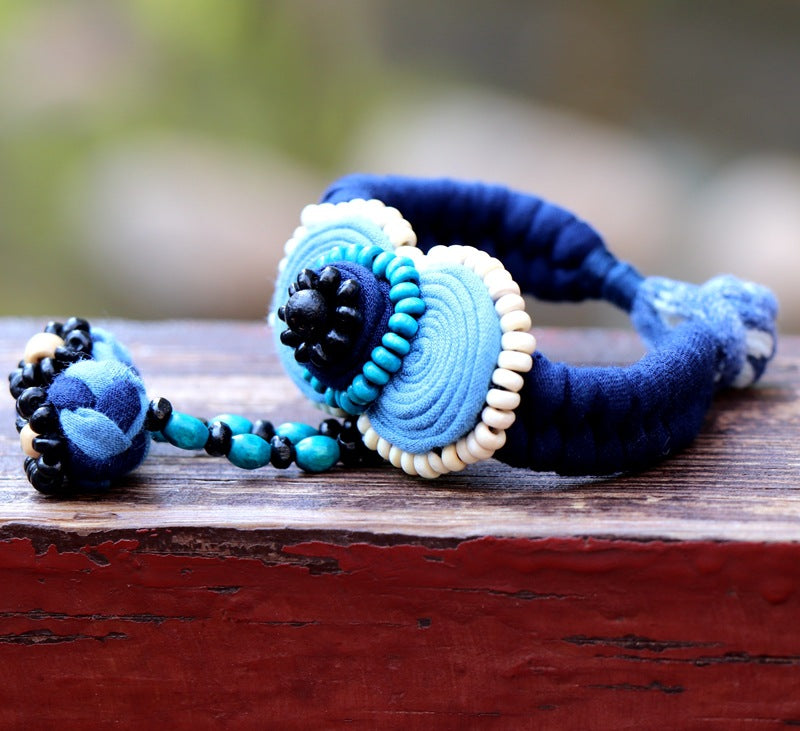 Blue Tie Dye Cloth Bracelet Dali Lijiang Hot Sale Hand-stitched Flower Fabric Bracelet Bracelet