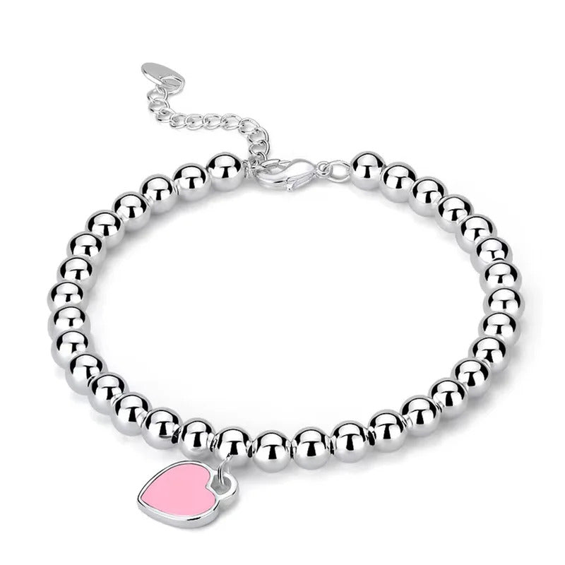 Designer 925 Silver Jewelry Necklace Woman Retro Heart-Shaped Enamel For Girls Cute Silver Bead Birthday Gift
