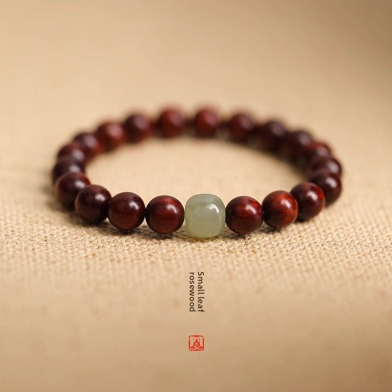 Natural Small Leaf Red Sandalwood Bracelet for Men and Women Couples Black Ebony Wooden Buddhist Beads Golden Silk Sandalwood Bracelet Hetian Jade Top Beads