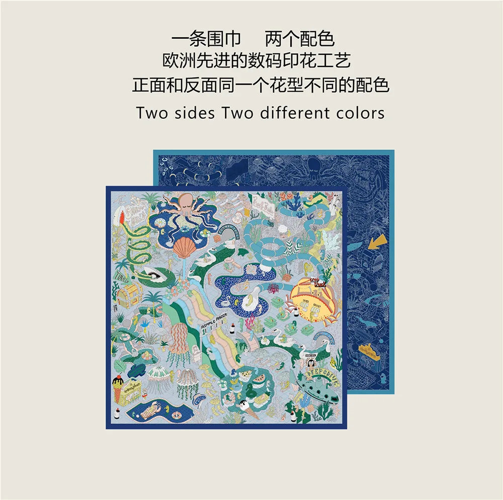 90Cm High-quality Twill Silk Double-sided Printing Submarine Playground Women's Large Square Scarf Scarf Chest Wrap Scarf