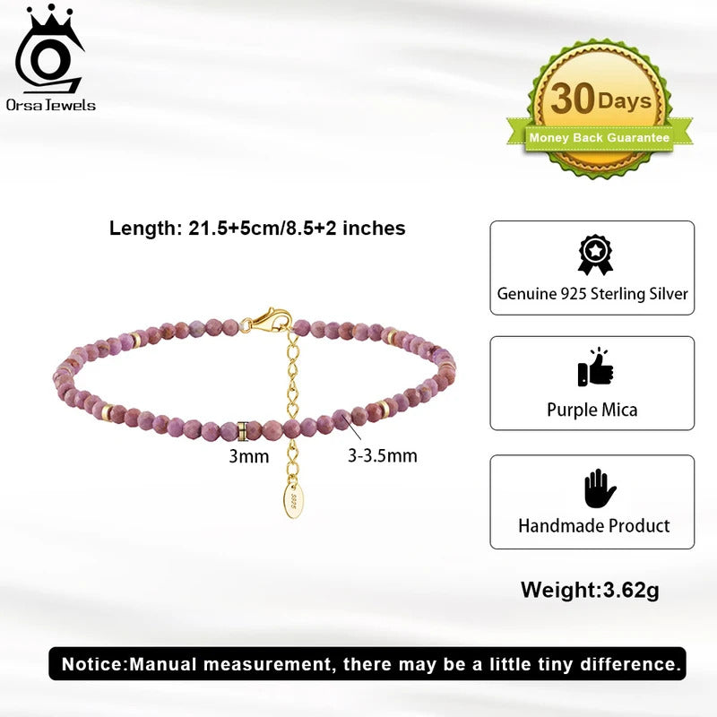 ORSA JEWELS 925 Silver Purple Mica Stone Beads Anklet Light Luxury High Quality Stone Foot Chian Delicate Anklet Jewelry SA90