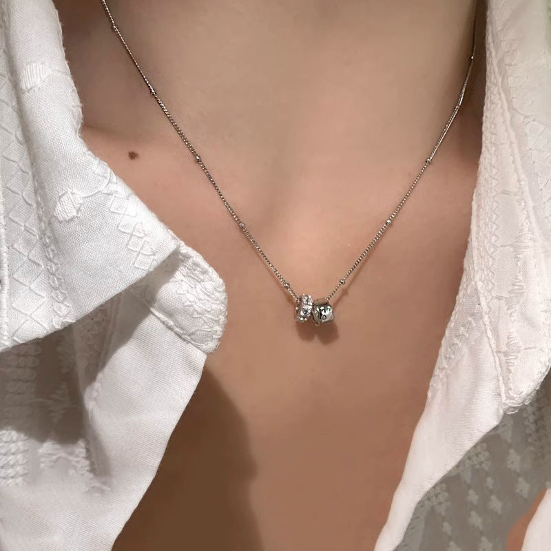 S925 Sterling Silver Double Ring Zircon Necklace Women's Light Luxury Double Ring Niche Clavicle Chain High-grade Sense Woolen Chain New Style