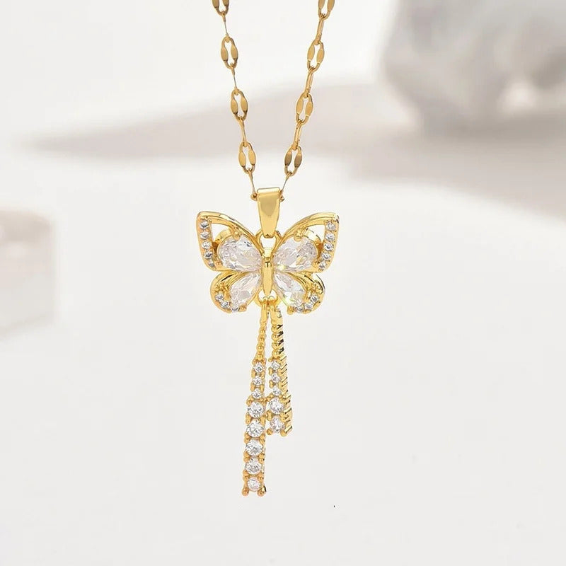 Exquisite Micro Inlaid Zircon Butterfly Tassel Necklace with Titanium Steel, Perfect Gift for Fashion-forward Women