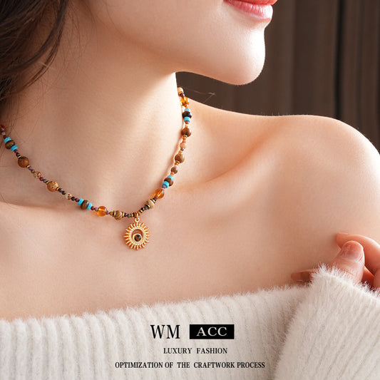 Titanium Steel Natural Stone Rice Bead Sun Necklace Retro Ethnic Style Niche Clavicle Chain Light Luxury High-end Fashion Jewelry
